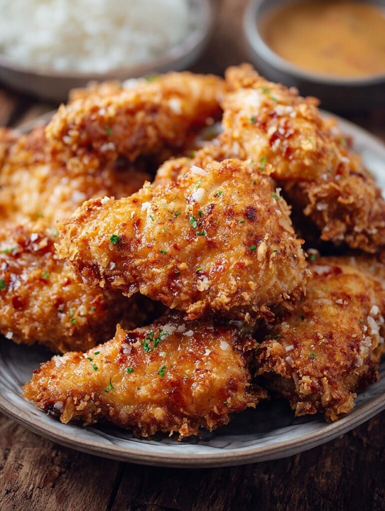 Crispy golden panko-crusted bang bang chicken tenderloins on white plate drizzled with creamy sweet and spicy bang bang sauce and parsley