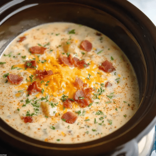 Thick creamy crock pot crack potato soup in white bowl loaded with bacon, melted cheddar cheese, diced potatoes, sour cream, and fresh green onions on wooden board