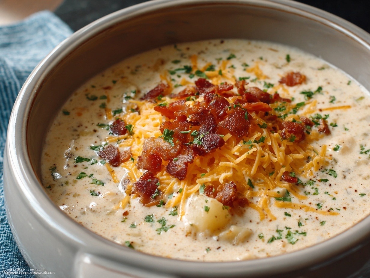 Thick creamy crock pot crack potato soup in white bowl loaded with bacon, melted cheddar cheese, diced potatoes, sour cream, and fresh green onions on wooden board