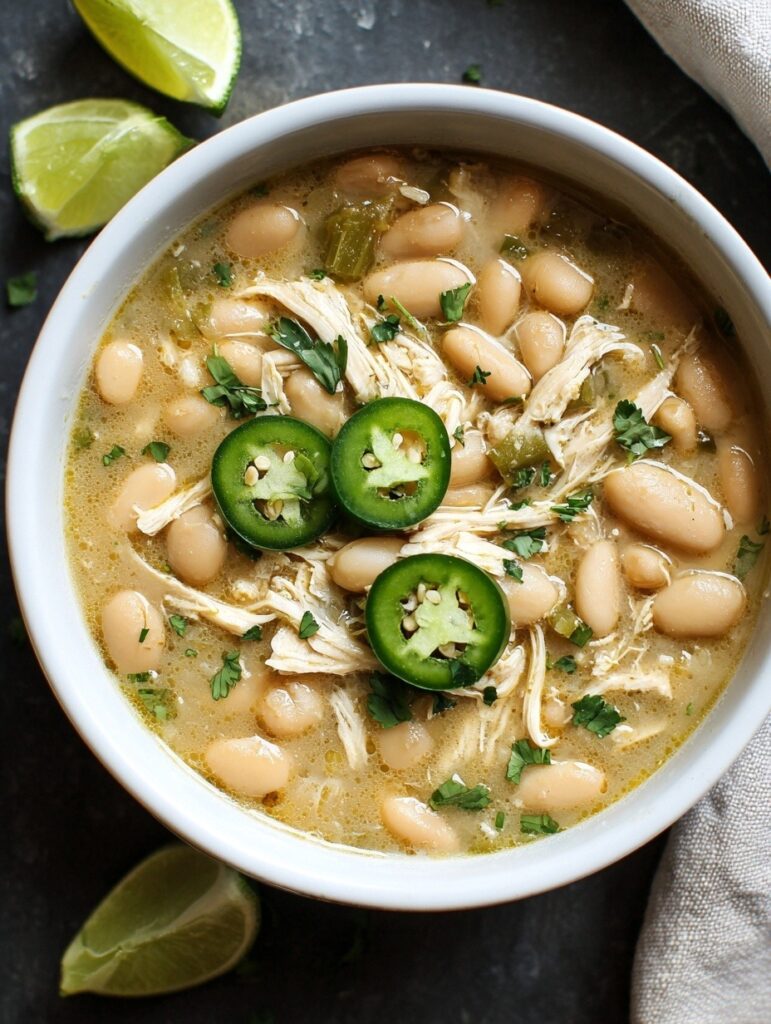White chicken chili in bowl topped with sour cream, shredded cheese, and cilantro with white beans and tender chicken in creamy broth