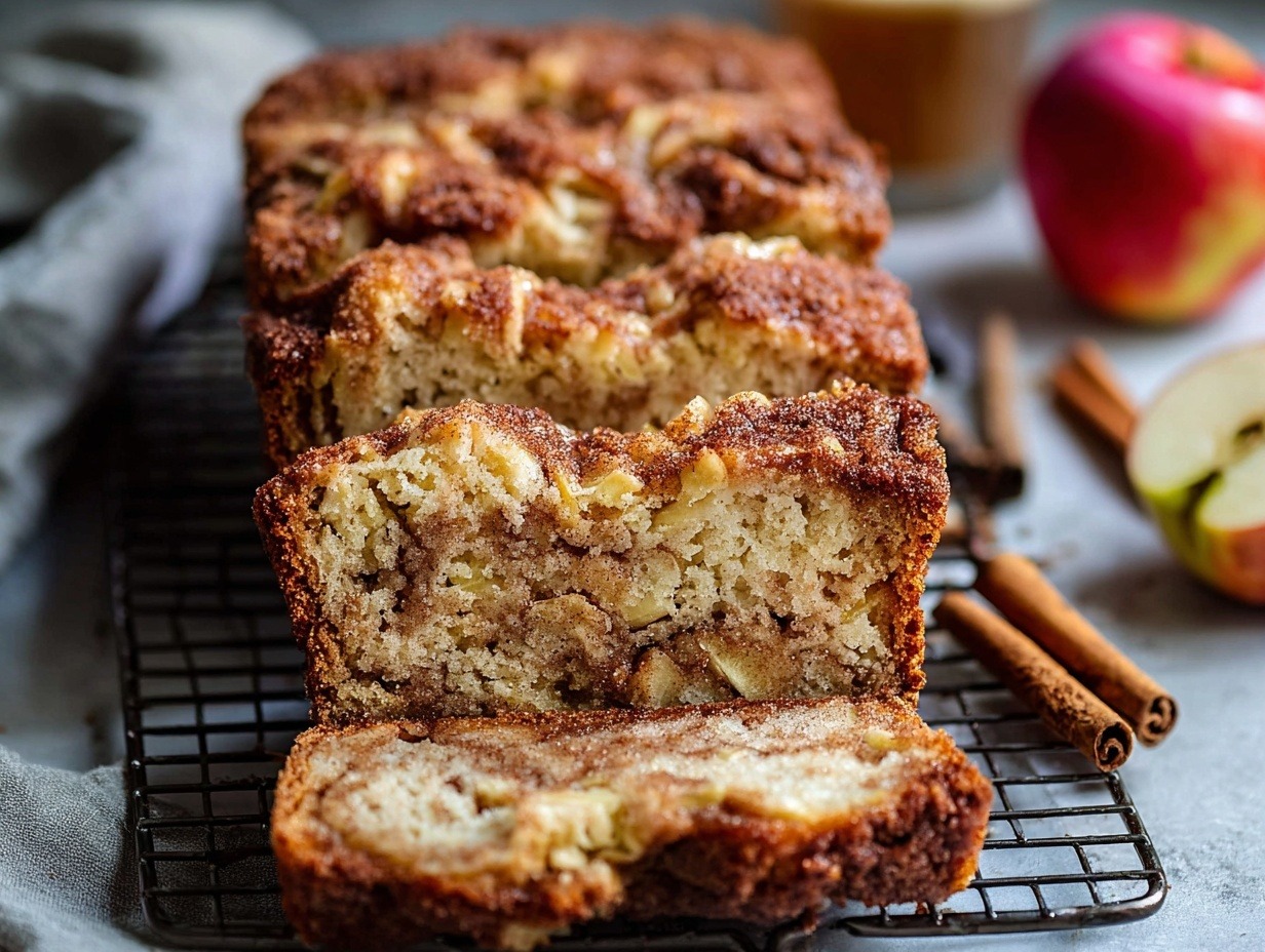 Slice of moist apple cinnamon bread showing beautiful cinnamon sugar swirl through center with visible apple pieces and golden brown crust