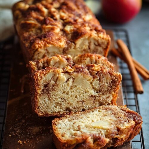 Slice of moist apple cinnamon bread showing beautiful cinnamon sugar swirl through center with visible apple pieces and golden brown crust
