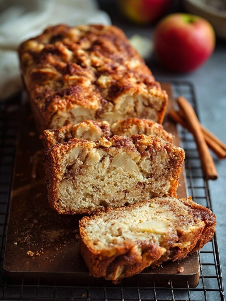 Slice of moist apple cinnamon bread showing beautiful cinnamon sugar swirl through center with visible apple pieces and golden brown crust
