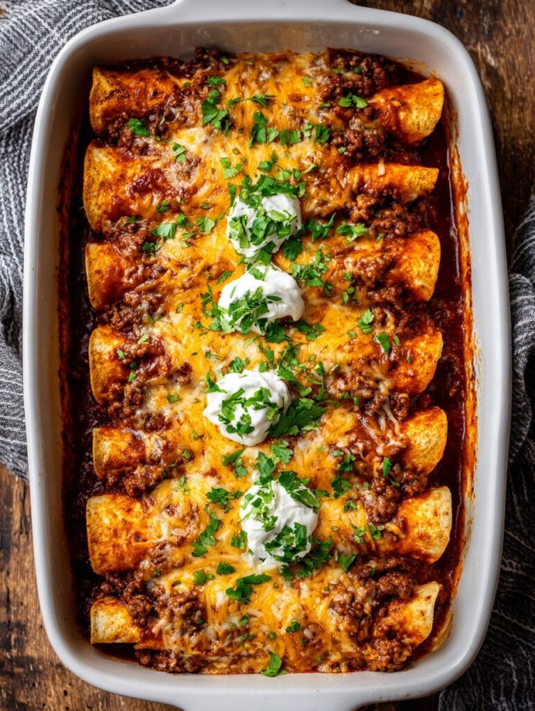 Beef enchiladas in baking dish covered with red enchilada sauce and melted cheese, garnished with cilantro and sour cream