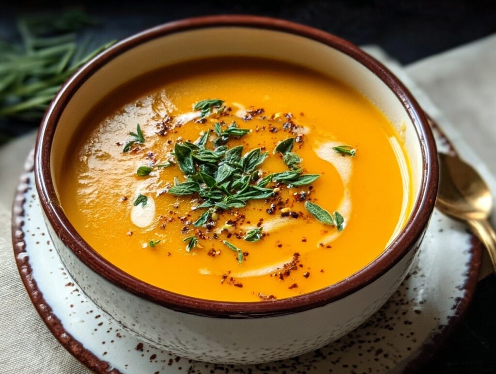 Golden butternut squash sweet potato soup in ceramic bowl with white coconut milk swirl, fresh cilantro, red pepper flakes, and toasted pumpkin seeds on wooden table