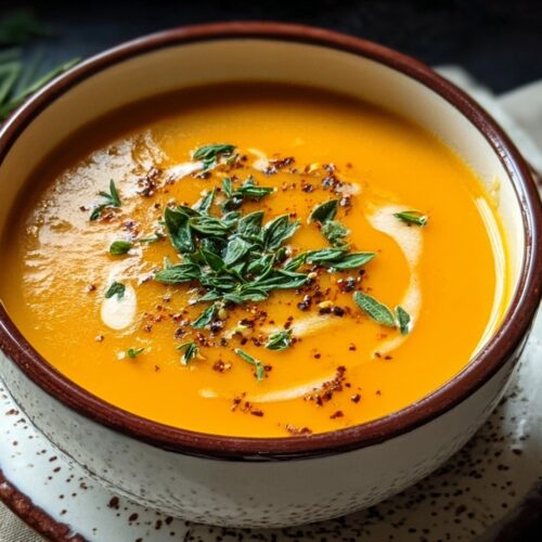 Golden butternut squash sweet potato soup in ceramic bowl with white coconut milk swirl, fresh cilantro, red pepper flakes, and toasted pumpkin seeds on wooden table