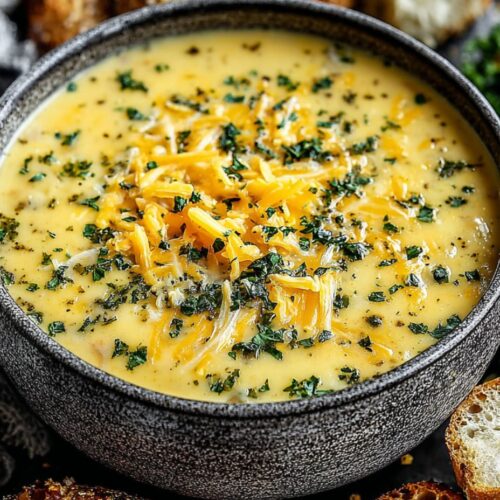 Creamy cheddar garlic potato soup in white bowl topped with melted cheese, bacon bits, fresh chives, and sour cream on wooden table