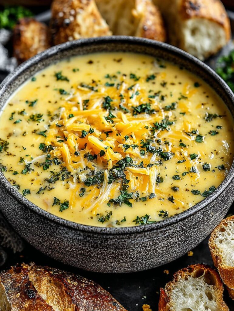 Creamy cheddar garlic potato soup in white bowl topped with melted cheese, bacon bits, fresh chives, and sour cream on wooden table