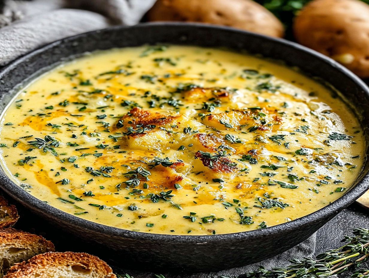 Creamy cheddar garlic potato soup in white bowl topped with melted cheese, bacon bits, fresh chives, and sour cream on wooden table