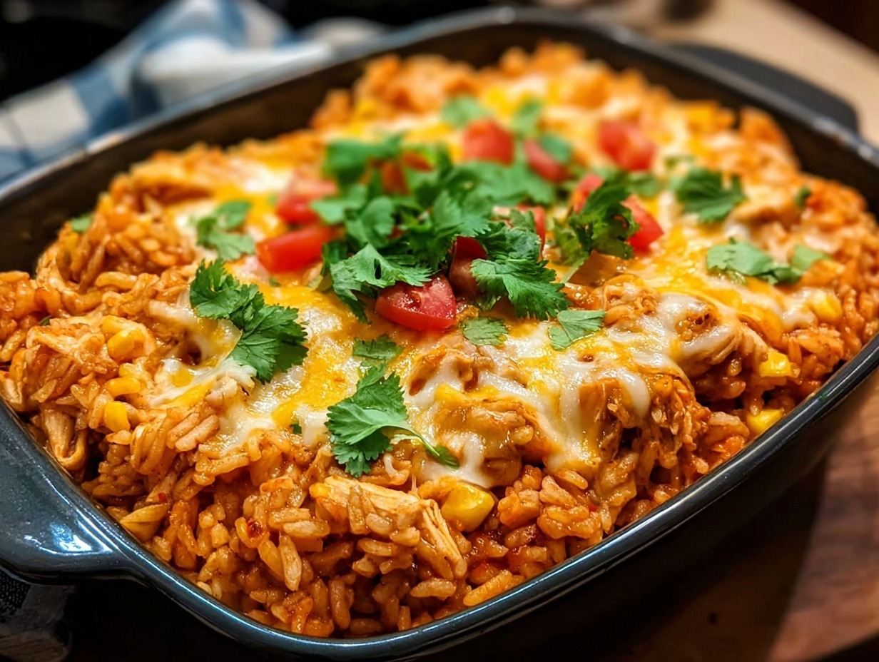 Easy chicken enchilada rice casserole in white baking dish with melted cheddar and Monterey Jack cheese, black beans, corn, rice, shredded chicken in red enchilada sauce, topped with green onions, black olives, cilantro, served with sour cream and avocado