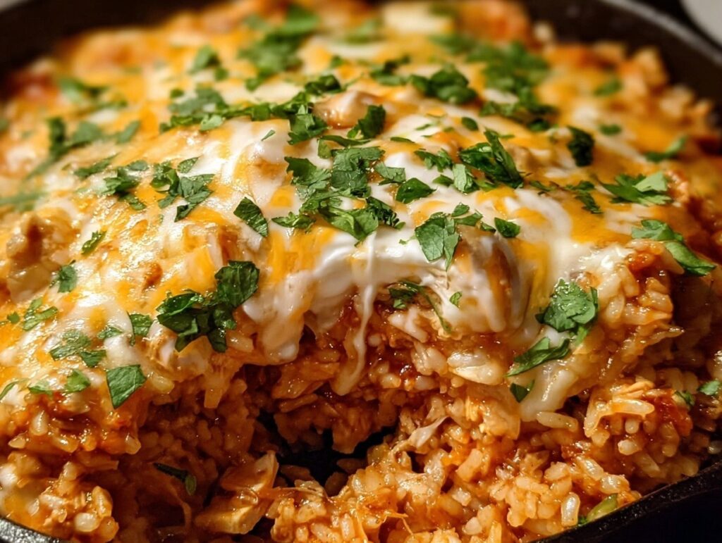 Easy chicken enchilada rice casserole in white baking dish with melted cheddar and Monterey Jack cheese, black beans, corn, rice, shredded chicken in red enchilada sauce, topped with green onions, black olives, cilantro, served with sour cream and avocado