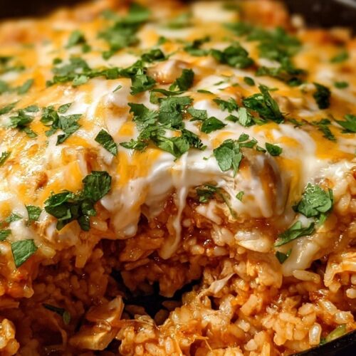 Easy chicken enchilada rice casserole in white baking dish with melted cheddar and Monterey Jack cheese, black beans, corn, rice, shredded chicken in red enchilada sauce, topped with green onions, black olives, cilantro, served with sour cream and avocado
