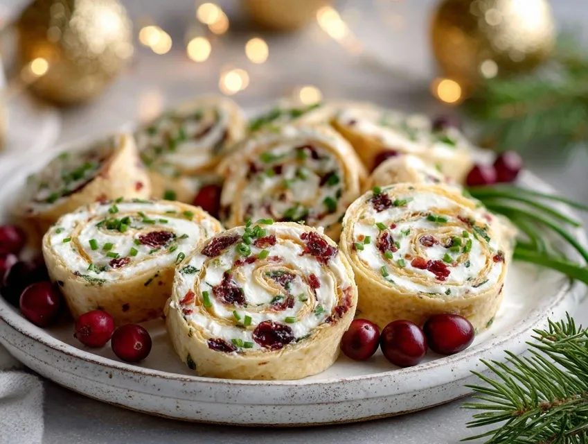 Festive Christmas cranberry roll-ups with cream cheese and feta on white platter showing red cranberries and green chives - easy holiday appetizer