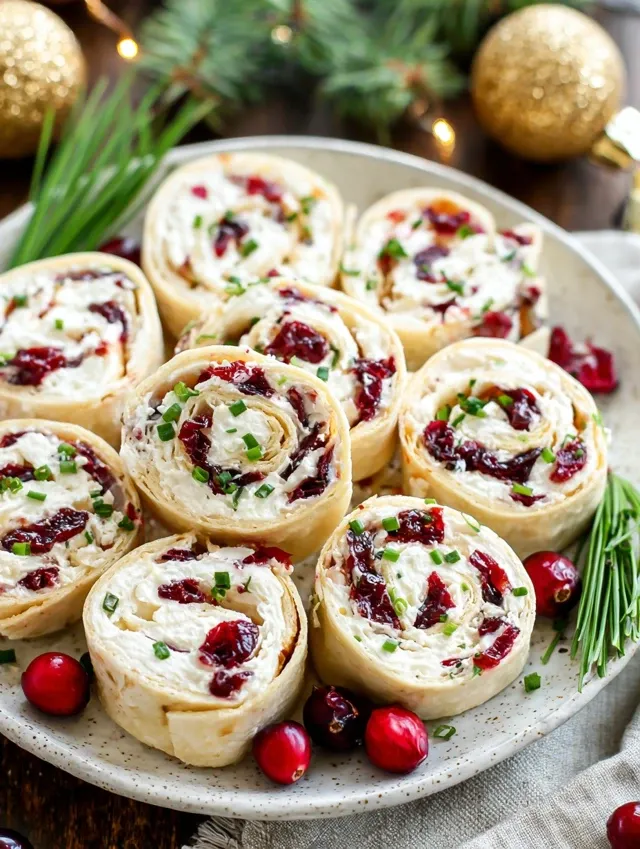 Festive Christmas cranberry roll-ups with cream cheese and feta on white platter showing red cranberries and green chives - easy holiday appetizer