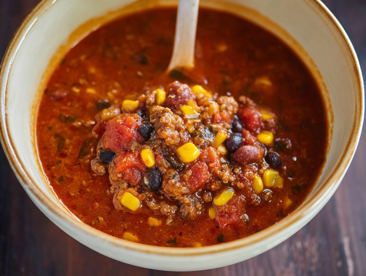 Hearty cowboy soup in bowl with ground beef, potatoes, beans, corn, and vegetables in rich Tex-Mex broth with cornbread