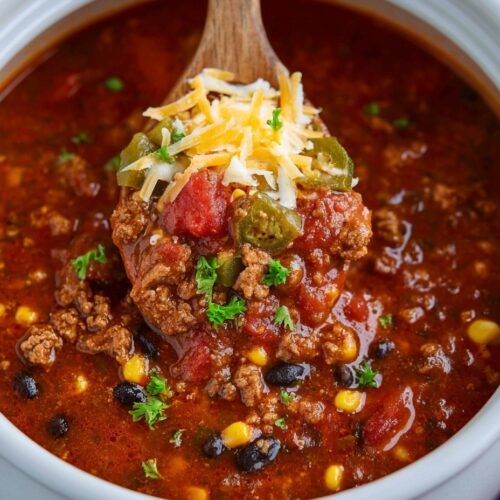Hearty cowboy soup in bowl with ground beef, potatoes, beans, corn, and vegetables in rich Tex-Mex broth with cornbread