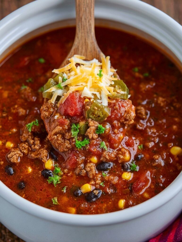 Hearty cowboy soup in bowl with ground beef, potatoes, beans, corn, and vegetables in rich Tex-Mex broth with cornbread