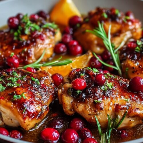 Golden-brown chicken breasts covered in glossy red cranberry orange sauce with burst cranberries and fresh herbs on white plate