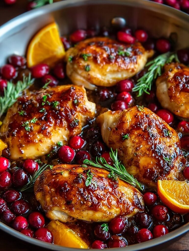 Golden-brown chicken breasts covered in glossy red cranberry orange sauce with burst cranberries and fresh herbs on white plate