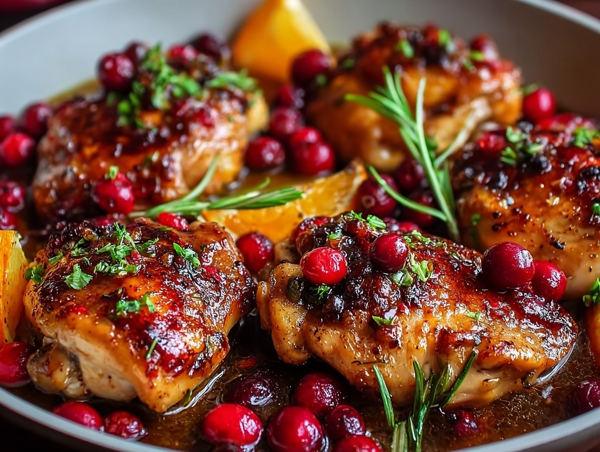 Golden-brown chicken breasts covered in glossy red cranberry orange sauce with burst cranberries and fresh herbs on white plate