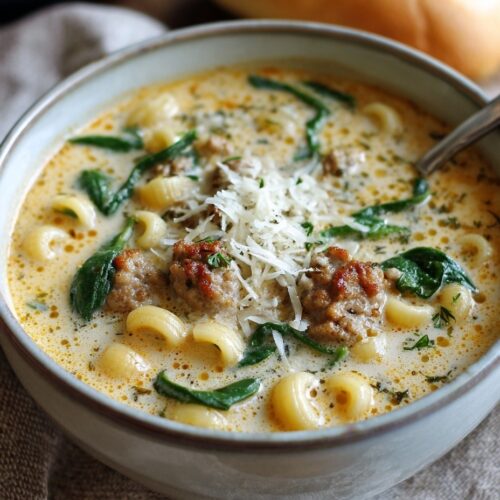 Creamy Italian sausage soup with ditalini pasta, Parmesan cheese, spinach, and tomatoes in white bowl with crusty bread