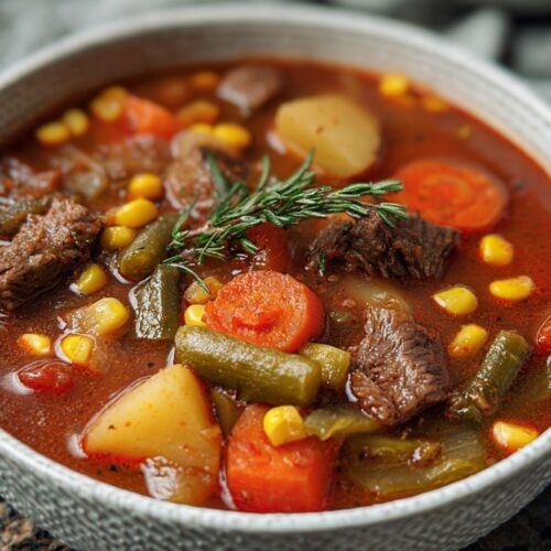 Hearty crockpot beef and vegetable soup in rustic bowl with tender beef chunks, carrots, potatoes, green beans, corn, and celery in rich brown broth, served with crusty bread