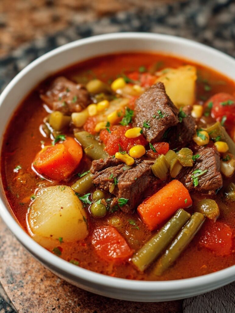 Hearty crockpot beef and vegetable soup in rustic bowl with tender beef chunks, carrots, potatoes, green beans, corn, and celery in rich brown broth, served with crusty bread