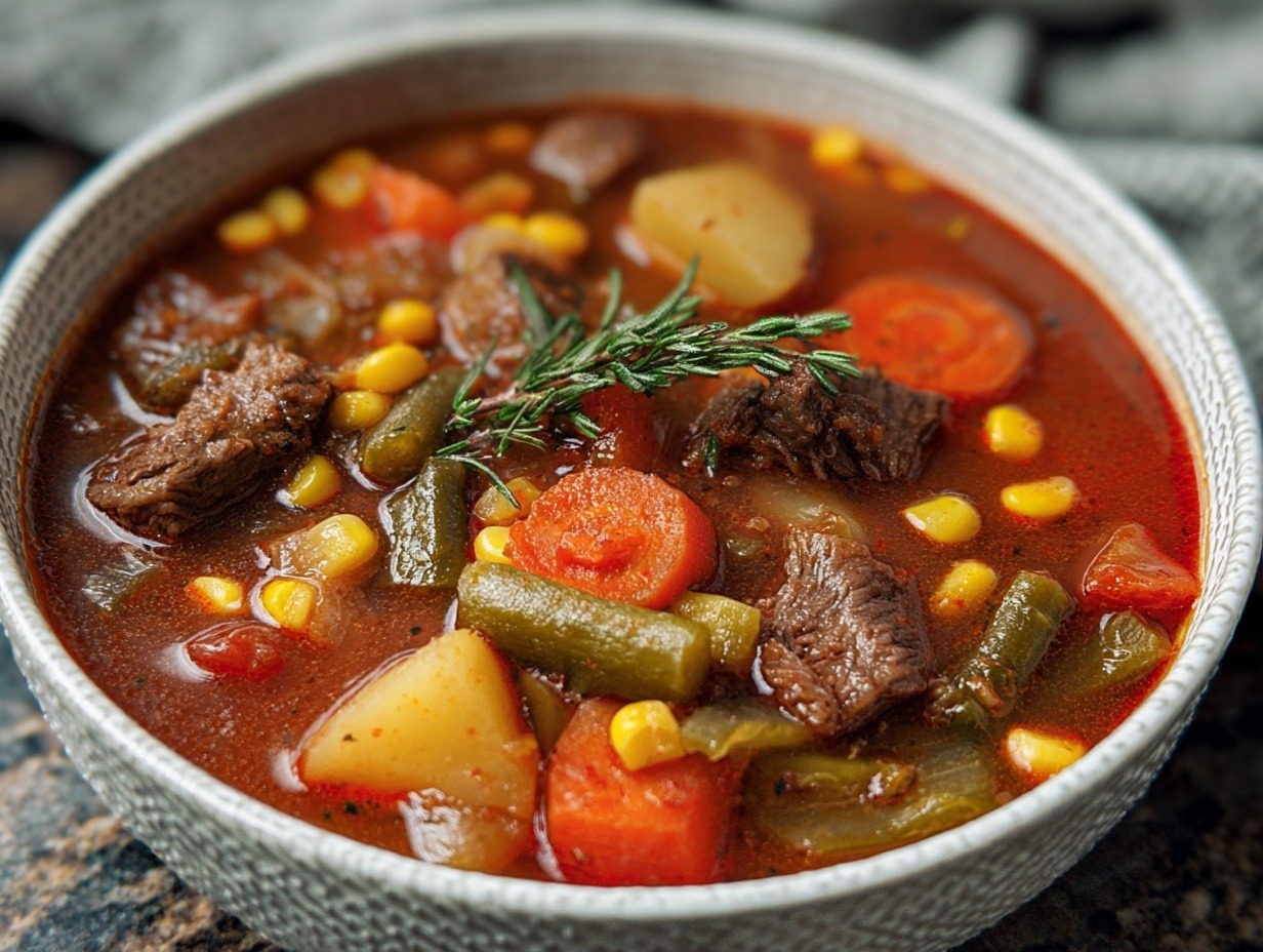 Hearty crockpot beef and vegetable soup in rustic bowl with tender beef chunks, carrots, potatoes, green beans, corn, and celery in rich brown broth, served with crusty bread