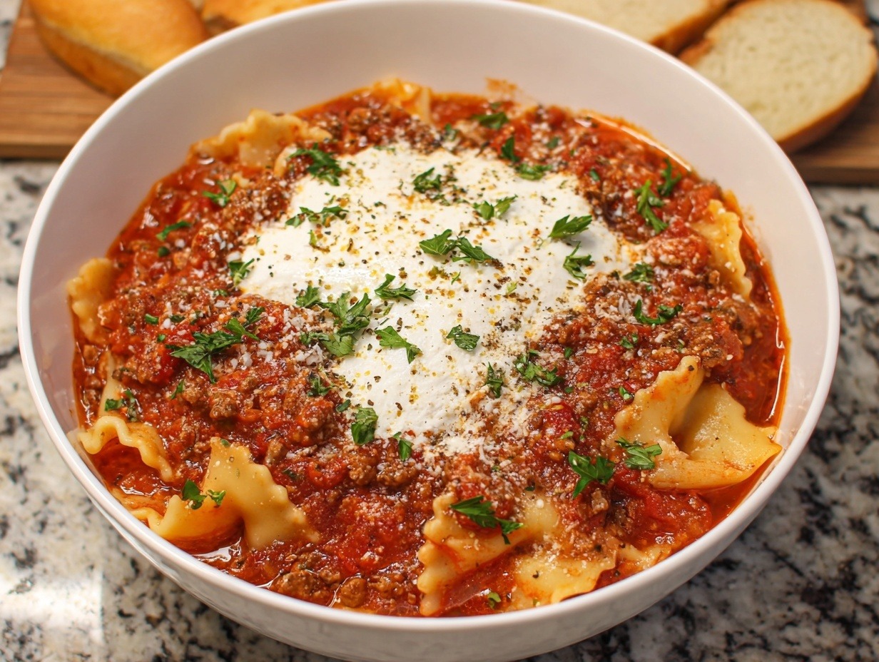 Hearty crockpot lasagna soup in white bowl with ground beef, Italian sausage, tender pasta, melted three-cheese topping, and fresh parsley on wooden board