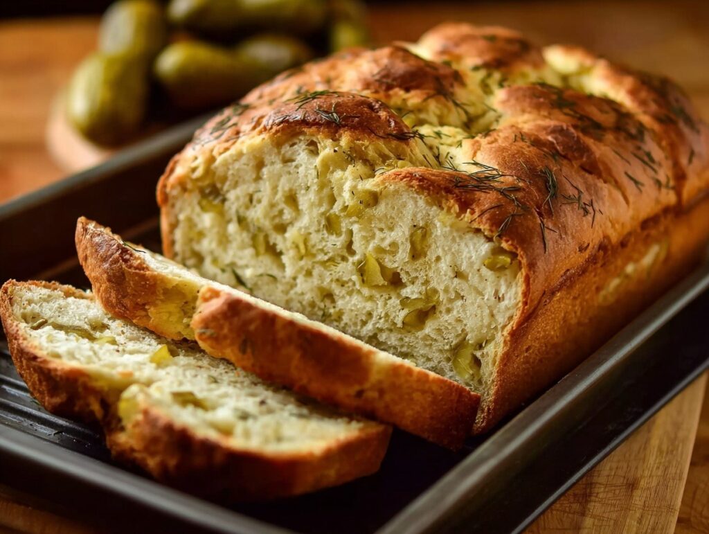 Sliced golden dill pickle bread on wooden cutting board showing soft fluffy texture with visible pickle pieces throughout the crumb