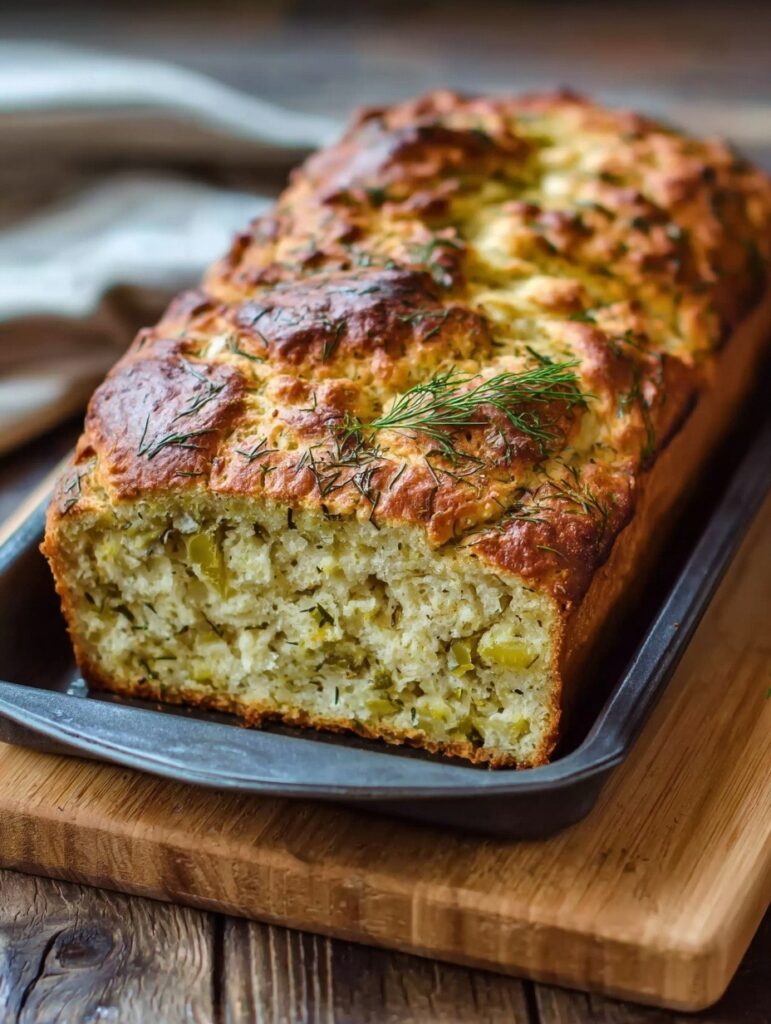Sliced golden dill pickle bread on wooden cutting board showing soft fluffy texture with visible pickle pieces throughout the crumb