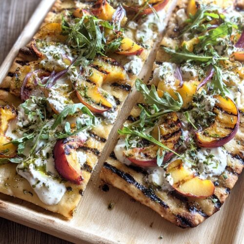 Grilled peach flatbread with melted mozzarella, pesto, fresh arugula, basil, and hot honey drizzle on wooden cutting board showing caramelized peaches with grill marks