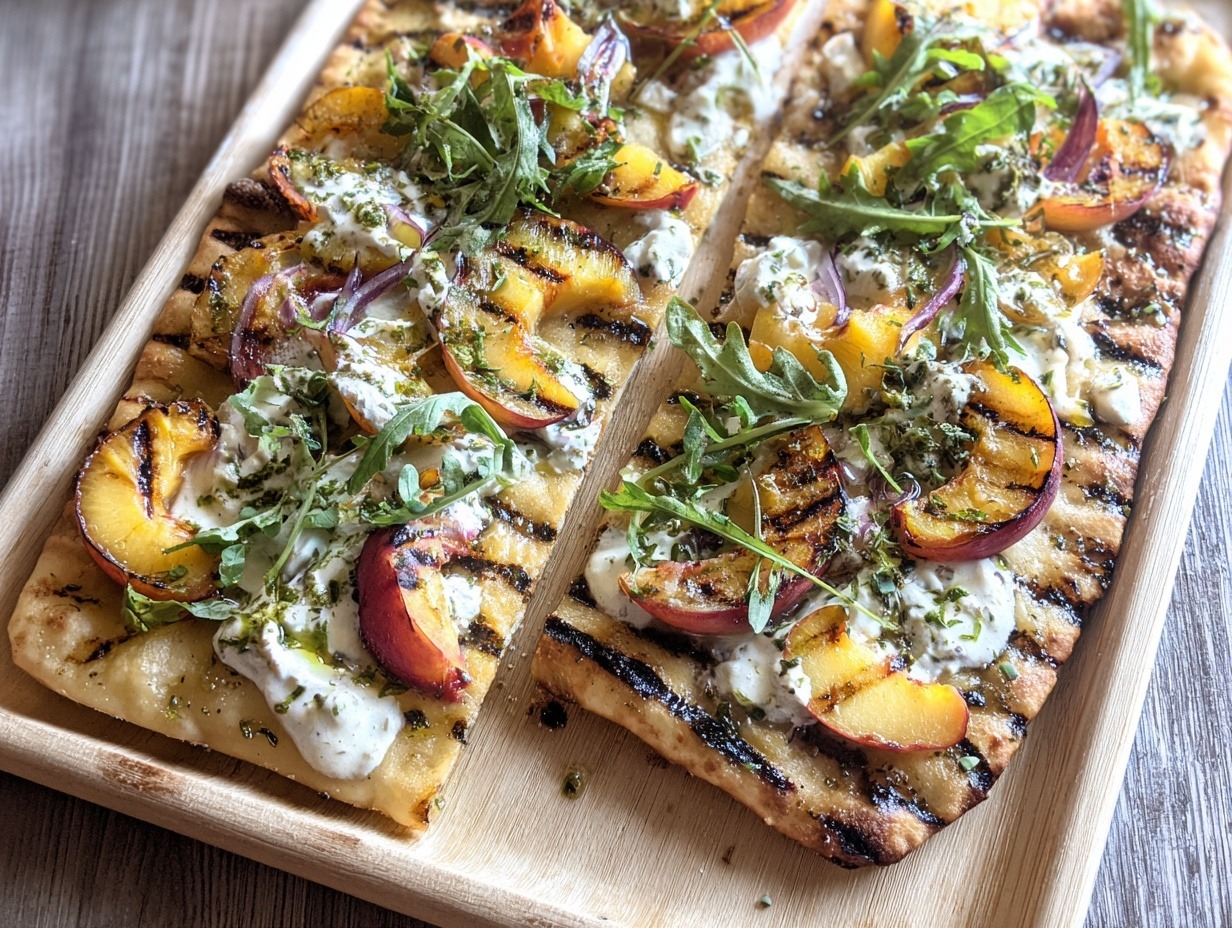 Grilled peach flatbread with melted mozzarella, pesto, fresh arugula, basil, and hot honey drizzle on wooden cutting board showing caramelized peaches with grill marks