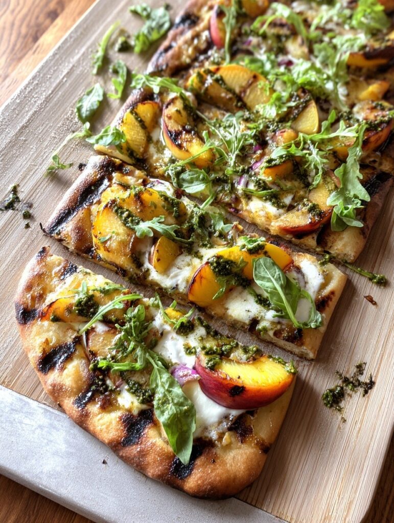 Grilled peach flatbread with melted mozzarella, pesto, fresh arugula, basil, and hot honey drizzle on wooden cutting board showing caramelized peaches with grill marks