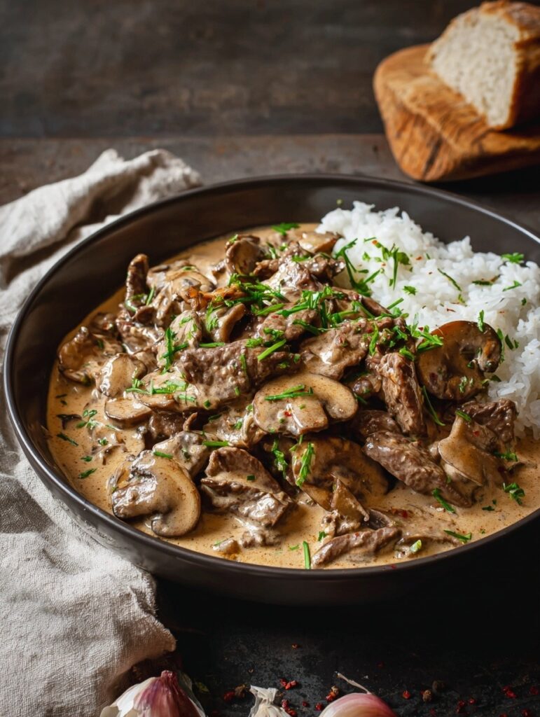 Creamy beef stroganoff with mushrooms and ground beef served over egg noodles garnished with fresh parsley