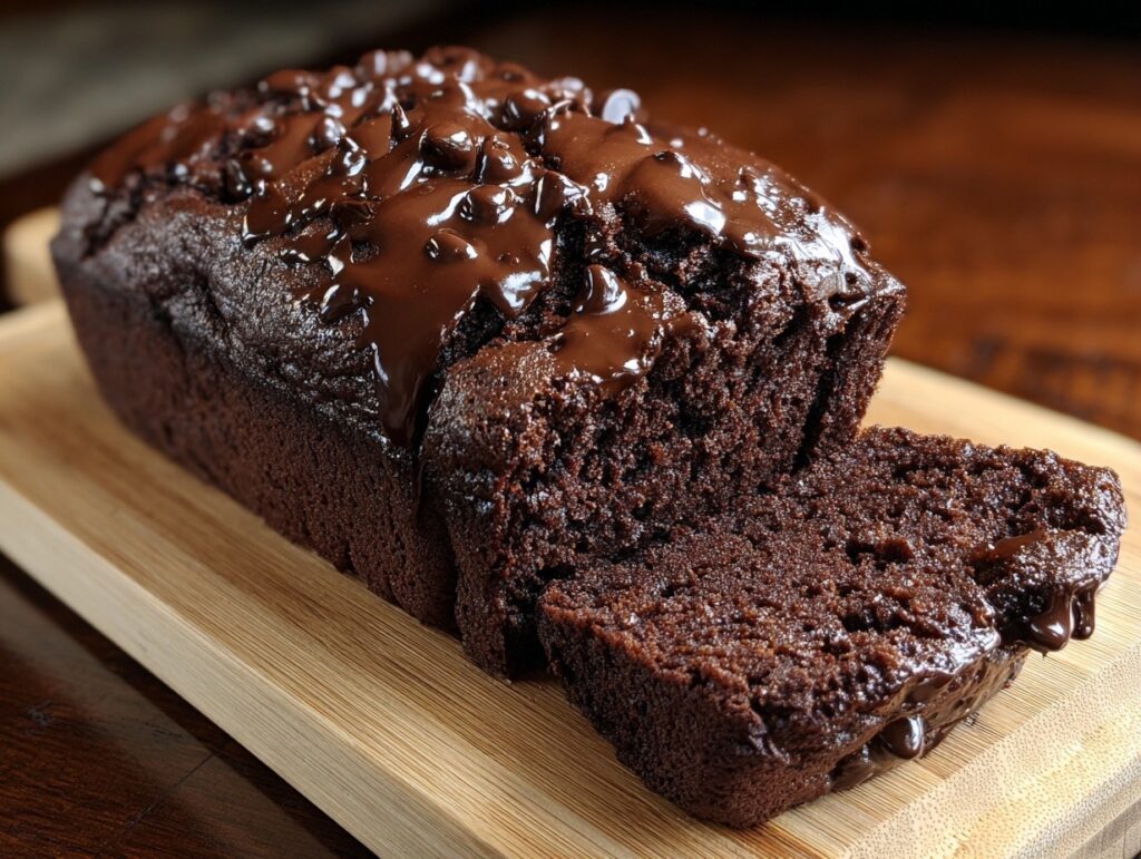 Slice of rich fudgy hot fudge brownie bread with chocolate sauce drizzle on white plate, showing moist dense crumb texture