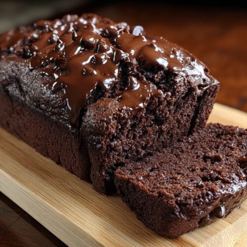Slice of rich fudgy hot fudge brownie bread with chocolate sauce drizzle on white plate, showing moist dense crumb texture