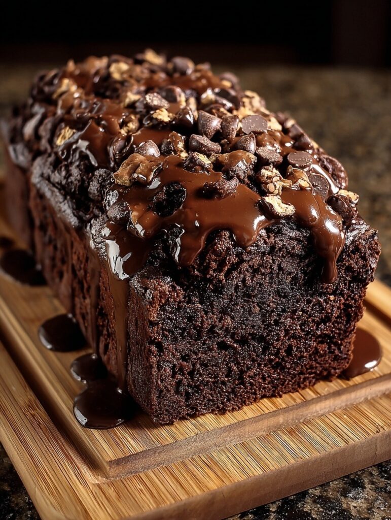 Slice of rich fudgy hot fudge brownie bread with chocolate sauce drizzle on white plate, showing moist dense crumb texture