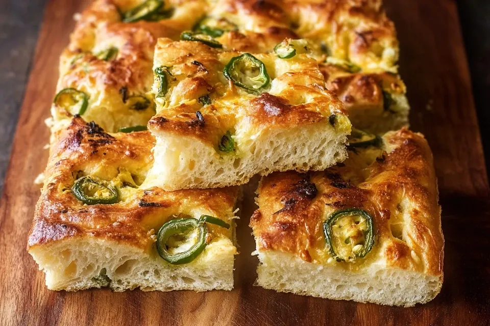 Easy jalapeño cheddar focaccia bread on wooden board with dimpled golden surface, melted cheddar cheese pockets, sliced jalapeños, green onions, and crispy edges showing airy no-knead crumb