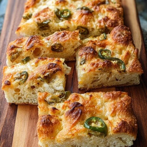 Easy jalapeño cheddar focaccia bread on wooden board with dimpled golden surface, melted cheddar cheese pockets, sliced jalapeños, green onions, and crispy edges showing airy no-knead crumb