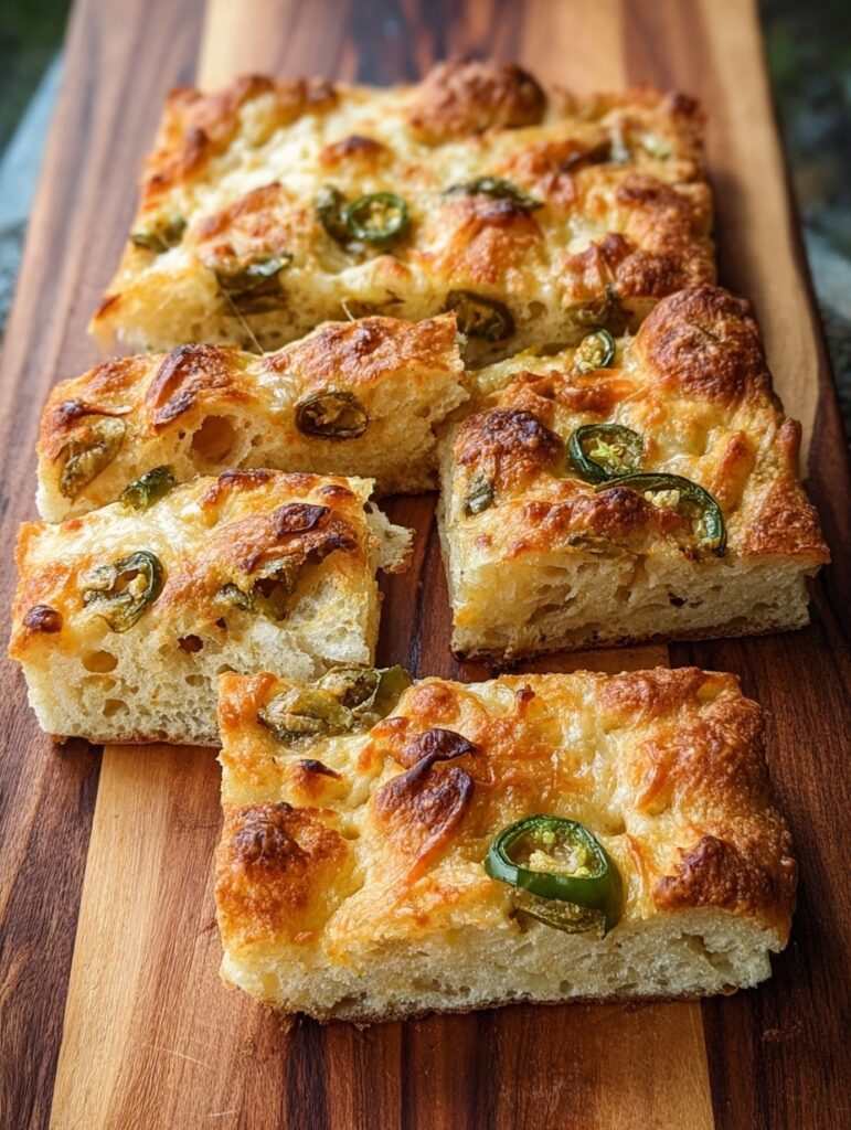 Easy jalapeño cheddar focaccia bread on wooden board with dimpled golden surface, melted cheddar cheese pockets, sliced jalapeños, green onions, and crispy edges showing airy no-knead crumb