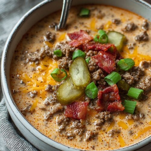 Creamy keto cheeseburger soup in white bowl with ground beef, bacon, melted cheddar cheese and fresh parsley garnish