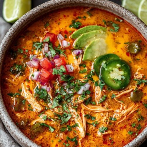 Keto chicken tortilla soup in white bowl with shredded chicken, red broth, topped with avocado, sour cream, cheese, jalapeños and cilantro