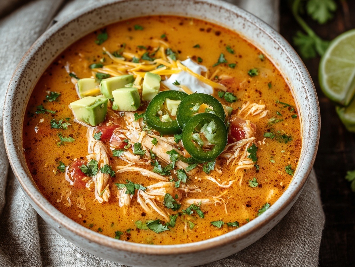 Keto chicken tortilla soup in white bowl with shredded chicken, red broth, topped with avocado, sour cream, cheese, jalapeños and cilantro