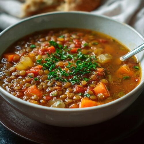 Hearty lentil soup in rustic bowl with tender green lentils, orange carrots, celery, diced tomatoes, baby spinach in rich tomato-based broth, garnished with fresh parsley, served with crusty bread and yogurt
