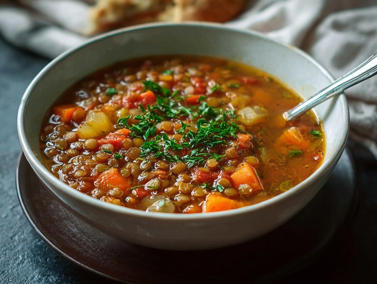 Hearty lentil soup in rustic bowl with tender green lentils, orange carrots, celery, diced tomatoes, baby spinach in rich tomato-based broth, garnished with fresh parsley, served with crusty bread and yogurt