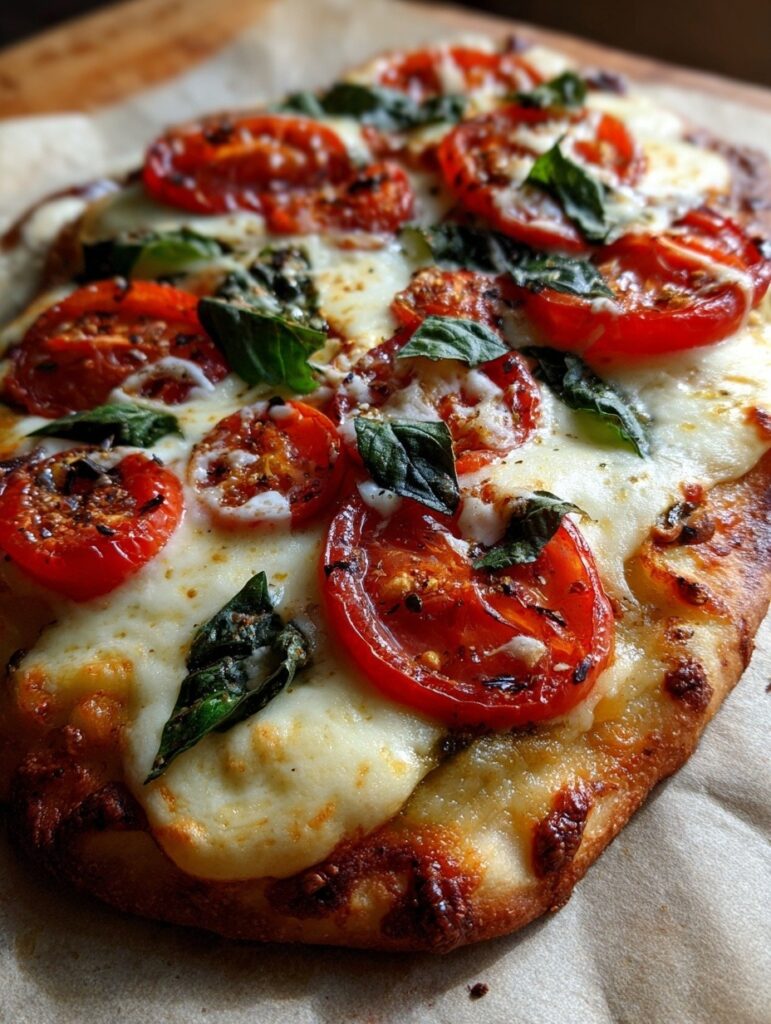 Margherita flatbread pizza on wooden board with melted mozzarella, fresh tomatoes, and basil leaves, showing golden crispy edges and bubbling cheese