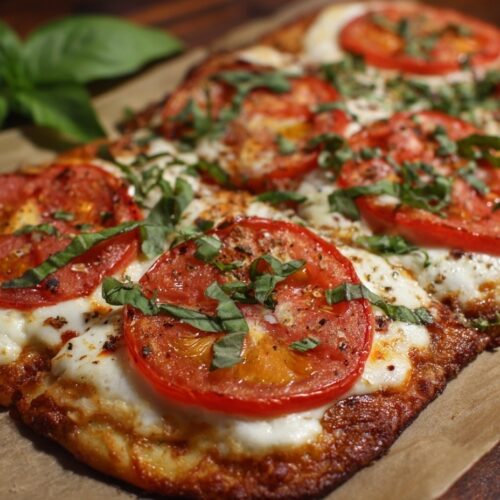 Margherita flatbread pizza on wooden board with melted mozzarella, fresh tomatoes, and basil leaves, showing golden crispy edges and bubbling cheese