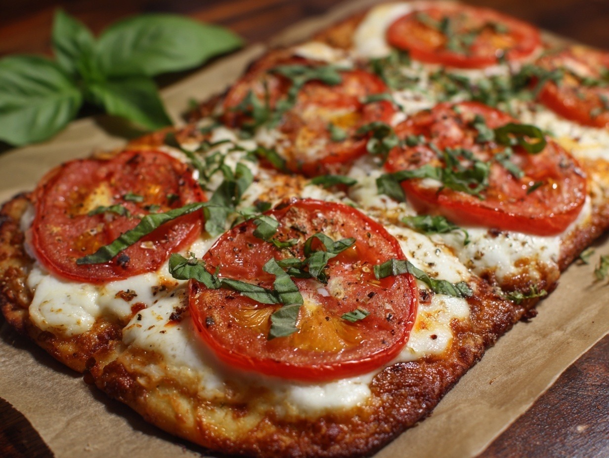 Margherita flatbread pizza on wooden board with melted mozzarella, fresh tomatoes, and basil leaves, showing golden crispy edges and bubbling cheese
