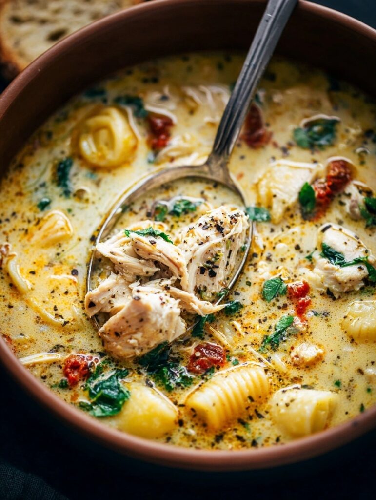 Creamy marry me chicken soup in white bowl with pasta shells, sun-dried tomatoes, spinach, and melted Parmesan cheese